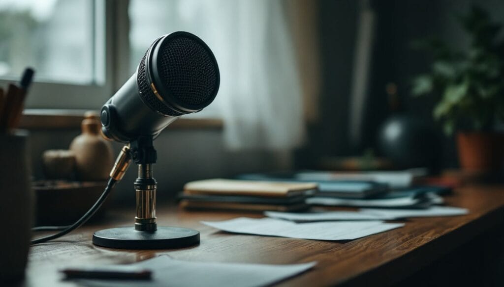 Um microfone vintage em uma sala aconchegante com notas espalhadas.